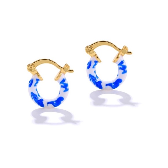 Gold Plated 925 Sterling Silver Hand Painted Porcelain Hoop Earrings - Picture 7 of 8